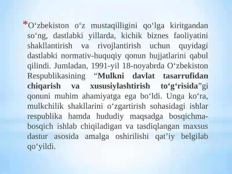 O‘ZBEKISTONDA IQTISODIY ISLOHOTLARNINGAMALGA OSHIRILISHI, BOZOR MUNOSABATLARINING SHAKLLANISHI 3