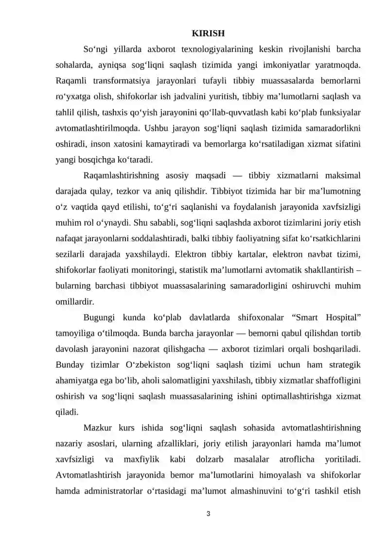 Tibbiy xaizmatlarni boshqarish va bemor monitoringi tizimi yaratish mavzusida 3