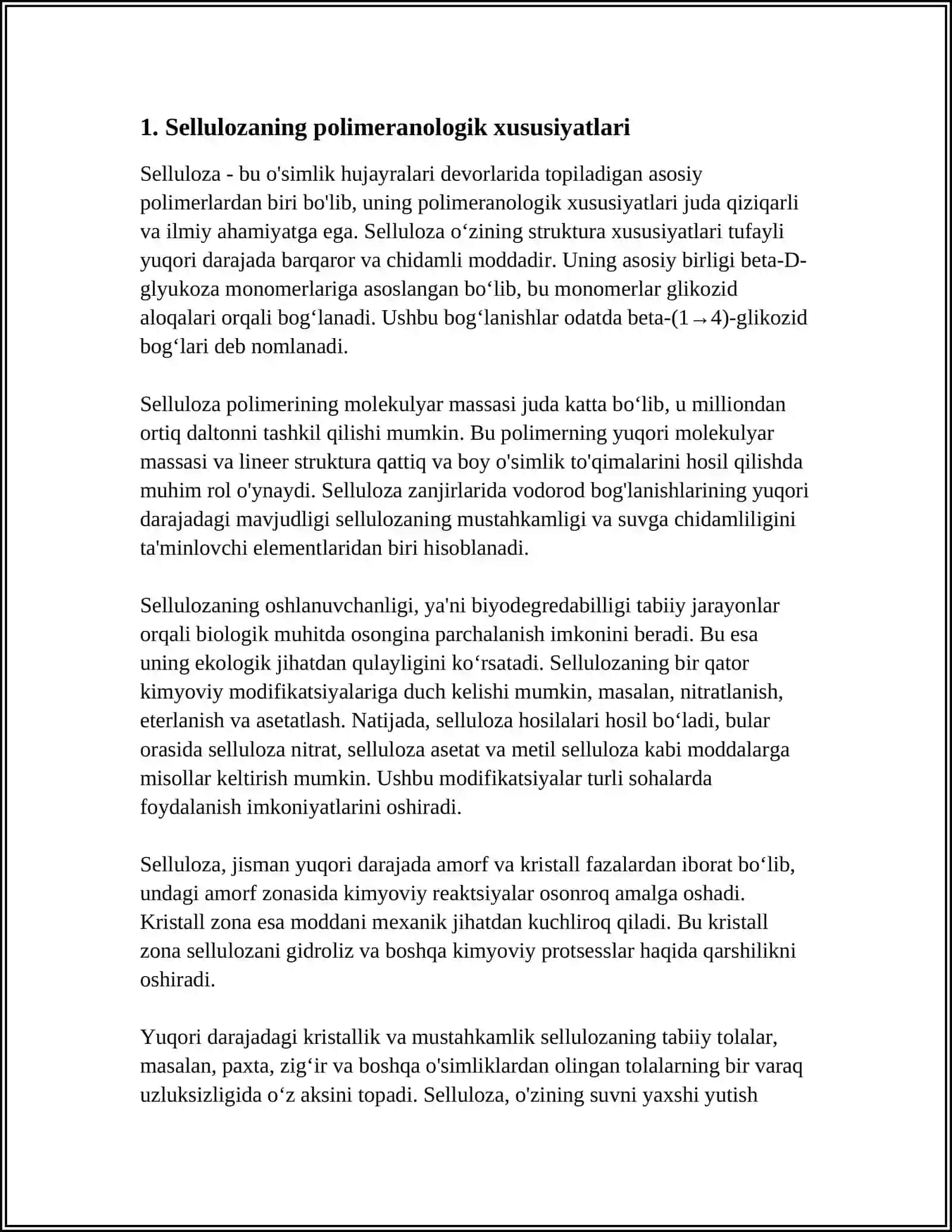 SELLULIOZA VA TABIIY IPAKNING POLIMERANOLOGIK O'ZGARISHLARI.DESTRYUKSIYANI TEZLATUVCHI VA SEKINLATUVCHI REAKSIYALAR.SHISHASIMON YUQORI ELASTIK VA QOVUSHQOQ-OQUVCHAN HOLATLARNING MASSASIGA BOG'LIQLIQLIGI 3