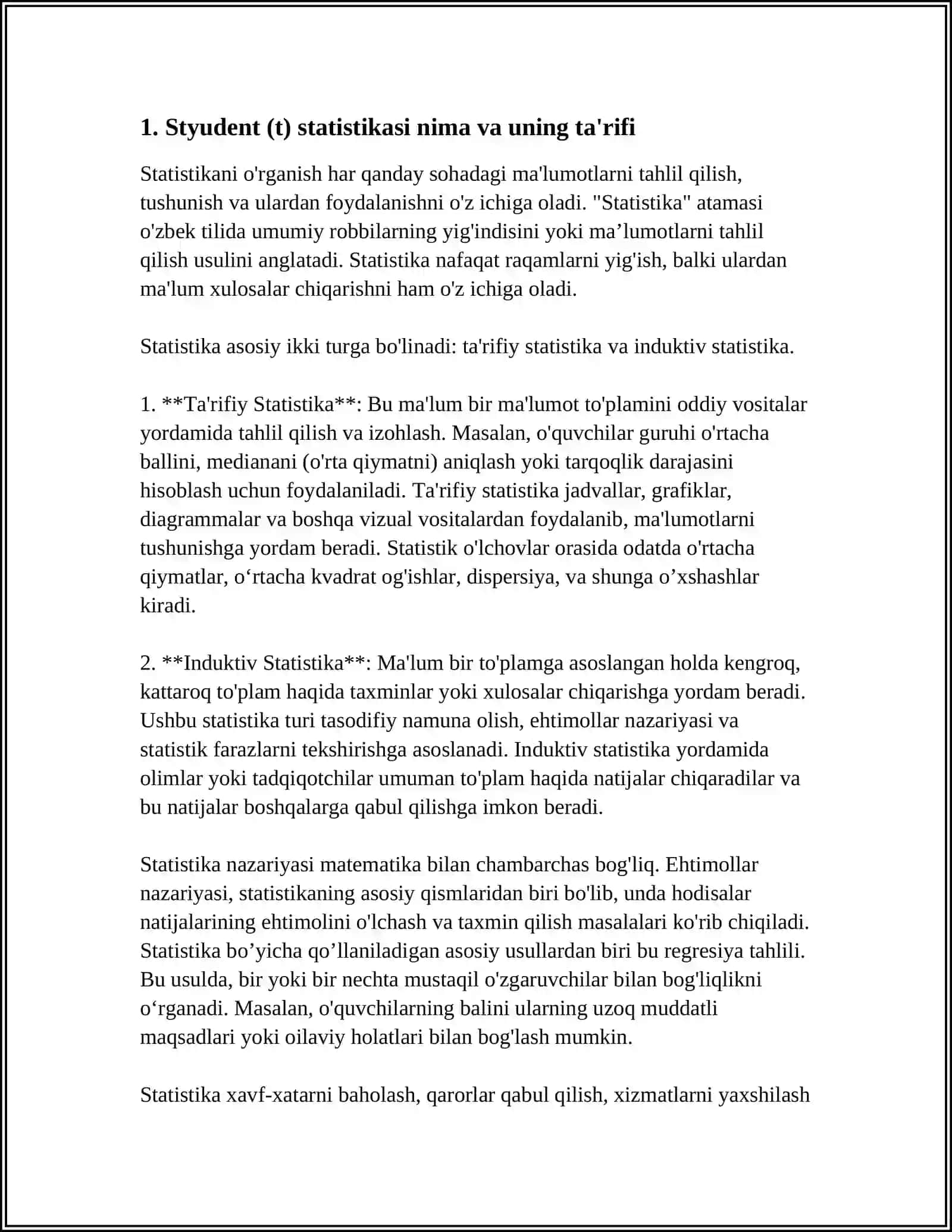 BOSH TO‘PLAM O‘RTACHA MIQDORI UCHUN ISHONCH INTERVALI: STYUDENT (T) STATISTIKASI 3