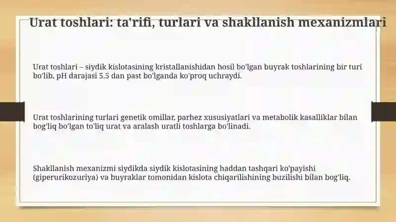 Buyraklarda urat toshlarini hosil boʻlishi va davolash yoʻllari 3