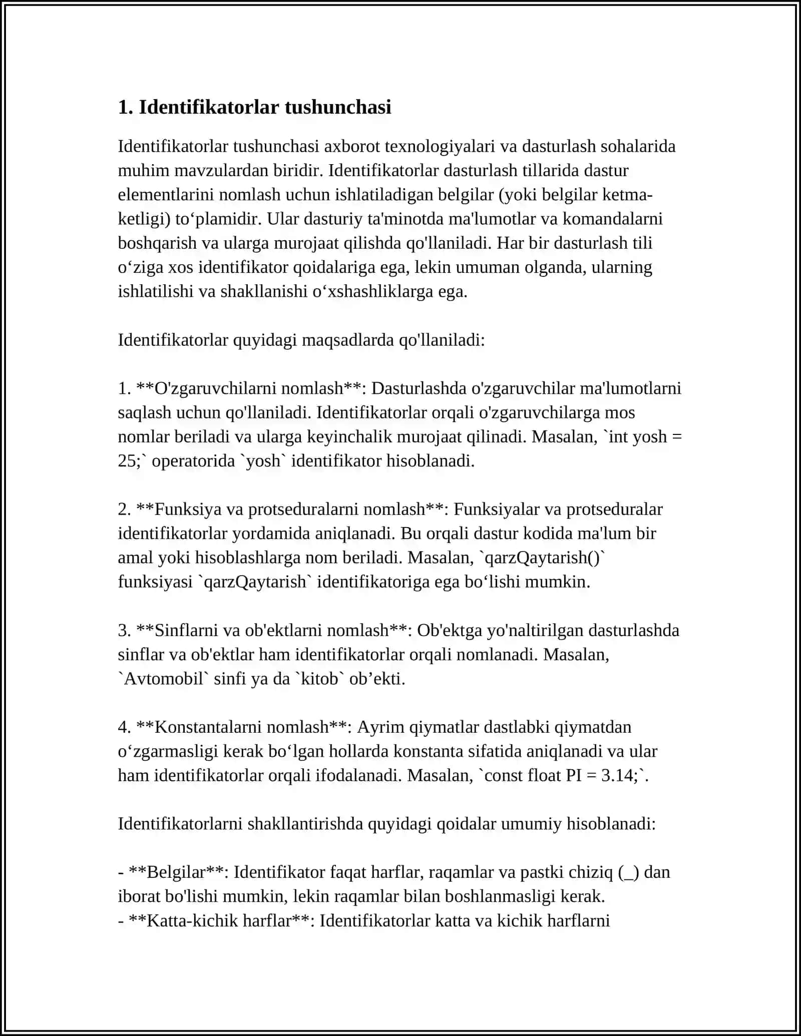 IDENFIKATORLAR, LITERALLAR OʻZGARUVCHILAR VA BERILGANLAR TURLARI 3