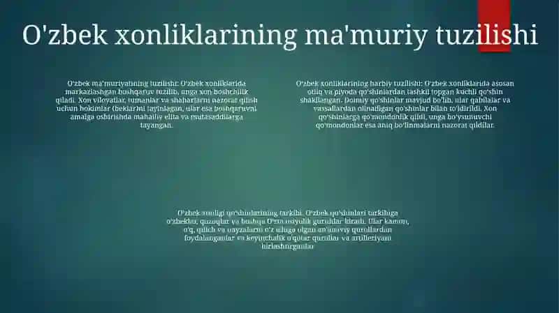 O'Zbek Xonliklarining Tashkil Etilishi Va Ulardagi Qo'Shinlarning Tuzilishi Va Tarkibi 3