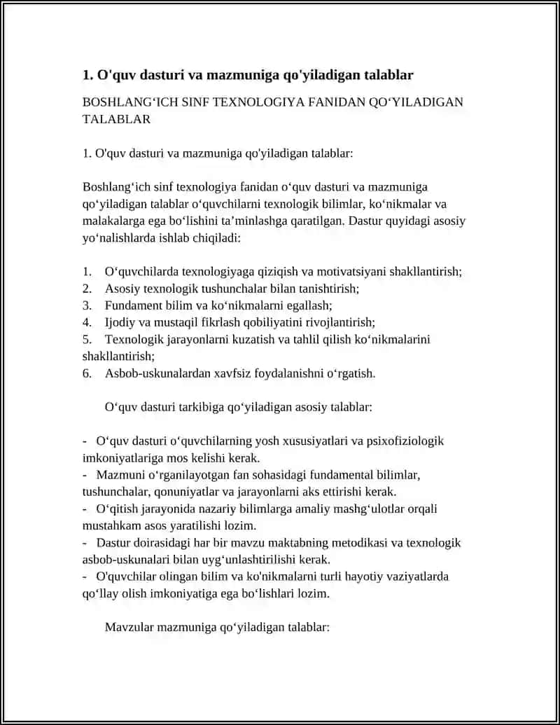 BOSHLANG‘ICH SINF TEXNOLOGIYA FANIDAN QO‘YILADIGAN TALABLAR 3