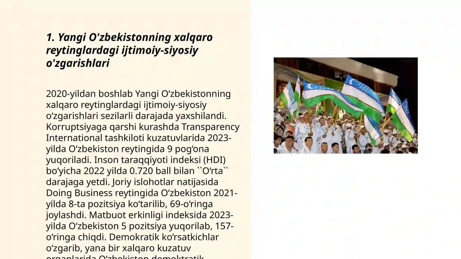 Yangi o'zbekistonning ijtimoiy-siyosiy, iqtisodiy va madaniy hayotida ro'y berayotgan o'zgarishlarning xalqaro reyting va indeksiyalarda aks etishi 3