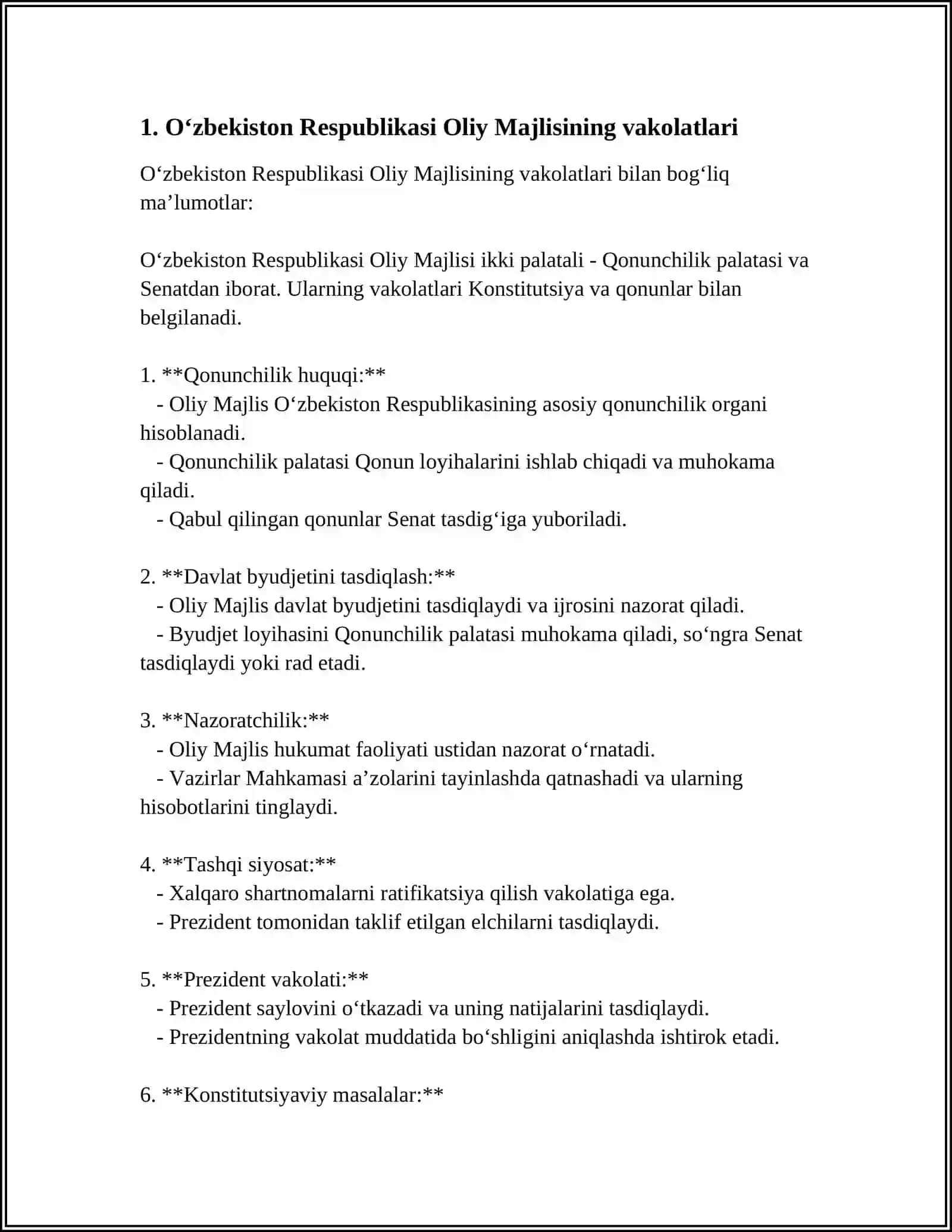 MUSTAQIL ISH Mavzu: O'ZBEKISTON RESPUBLIKASI OLIY MAJLISI 3