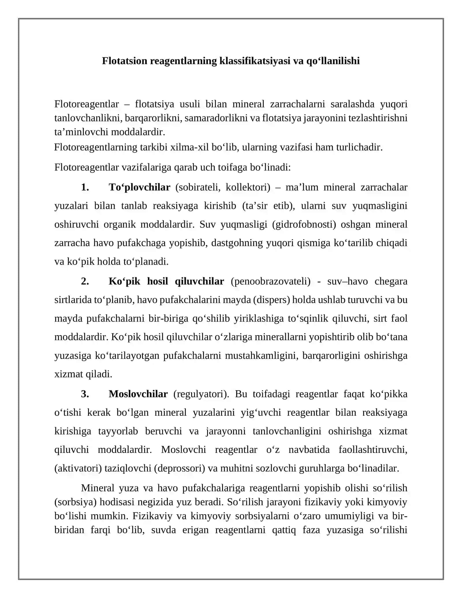 Flоtаtsiоn rеаgеntlаrning klаssifikаtsiyasi vа qo‘llаnilishi 3