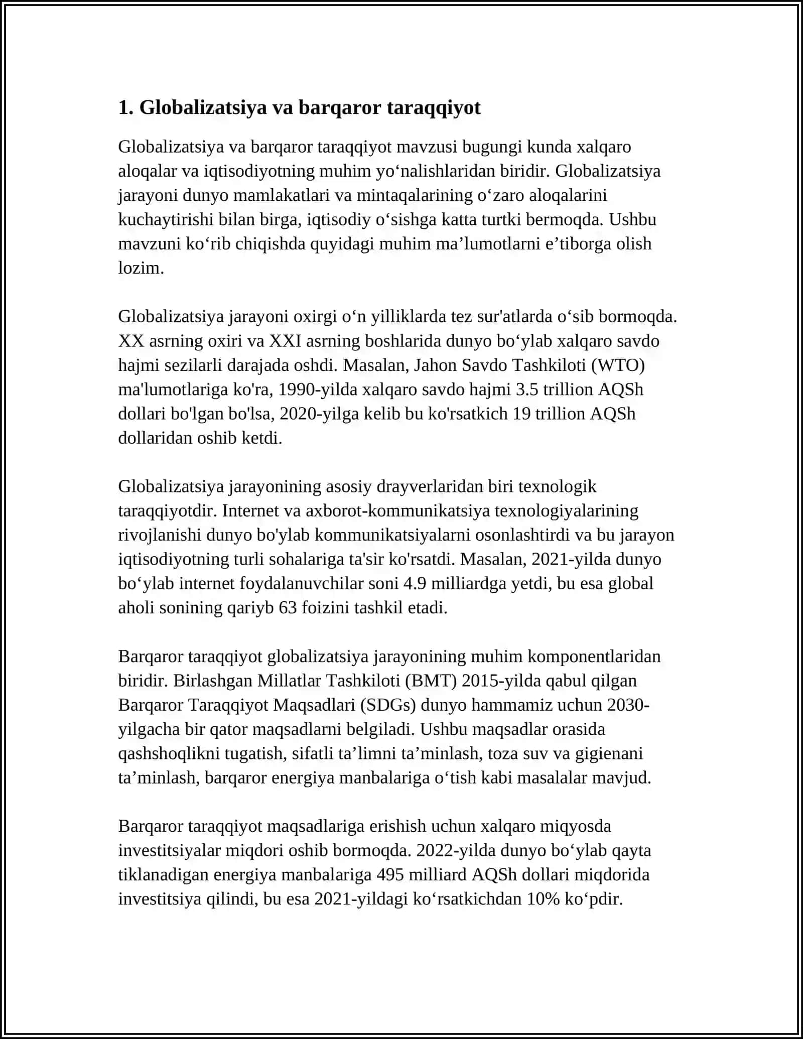 BARQAROR TARAQQIYOTNI TA'MINLASHDA GLOBALLASHUVNING IJOBIY VA SALBIY YOʻNALISHLARI 3