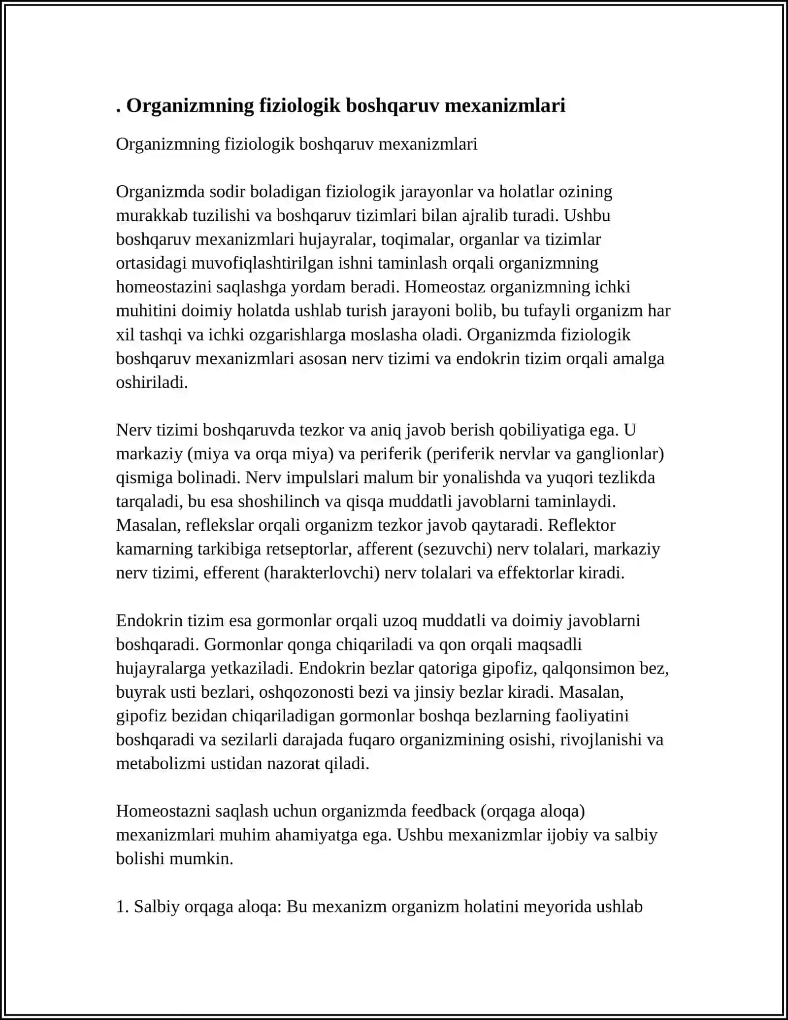 ORGANIZMNI O'Z O'ZINI BOSHQARISHI. FUNKSIONAL BOSHQARUV MEXANIZMLARI. GOMEOTAZ. ADAPTATSIYA 3