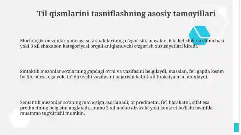 Turli tillarda so'z turkumlariga tasniflash tamoyillari 3