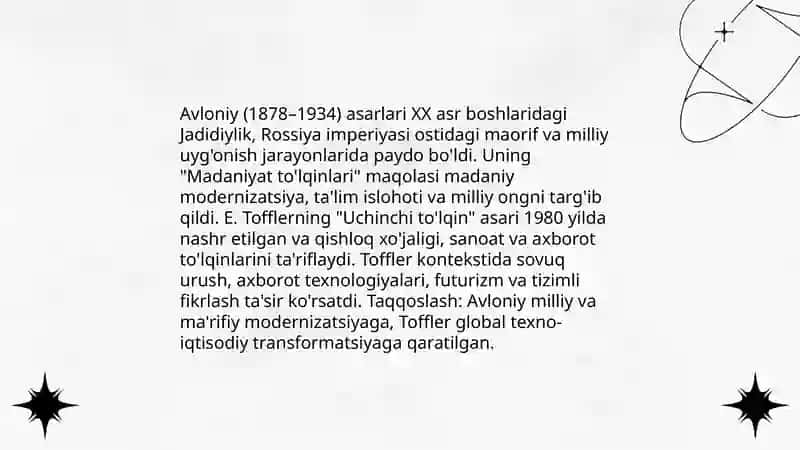 Avloniyning 'Madaniyat to'lqinlari' va E. Tofflerning 'Uchinchi to'lqin' asarlarining qiyosiy tahlili 3