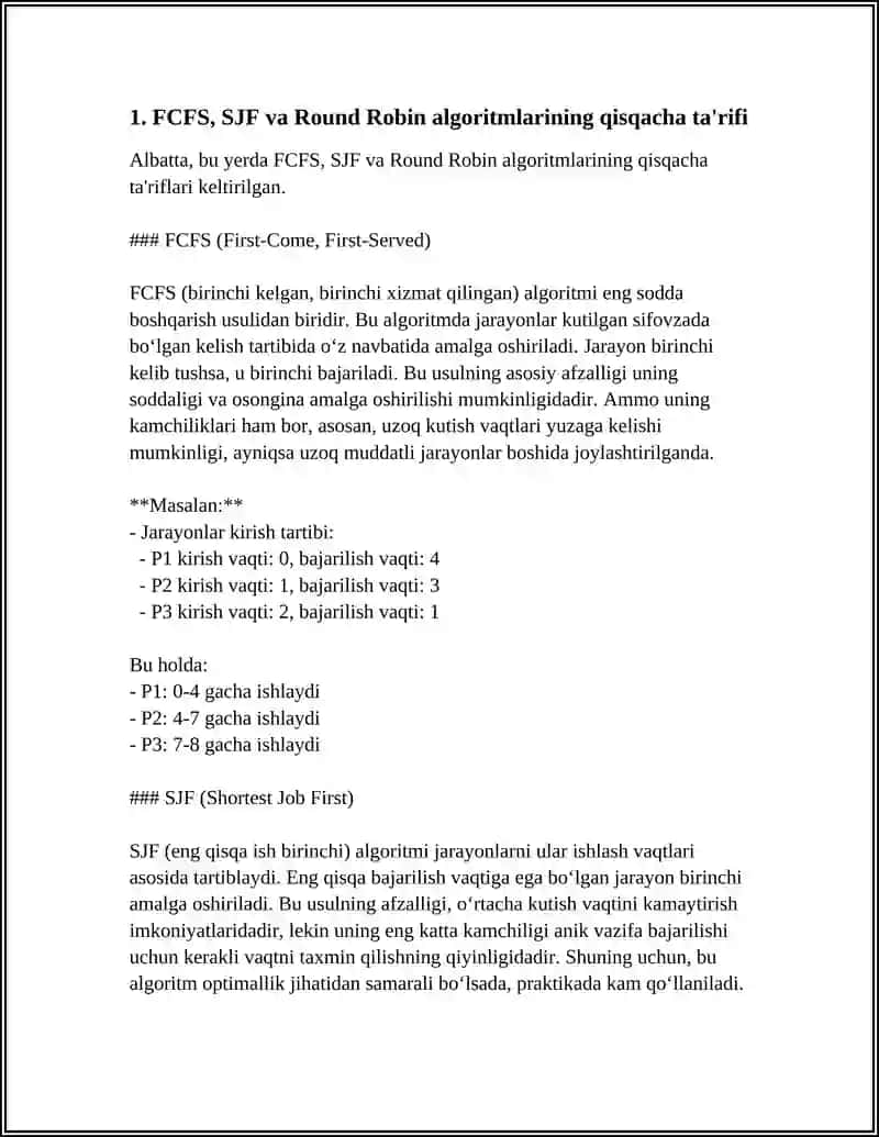 KICHIK VAZIFALARDA REJALASHTIRUVCHI (FCFS, SJF, ROUND ROBIN) SIMULYATSIYASINI AMALGA OSHIRING VA KUTISH VAQTINI TAQQOSLANG 3