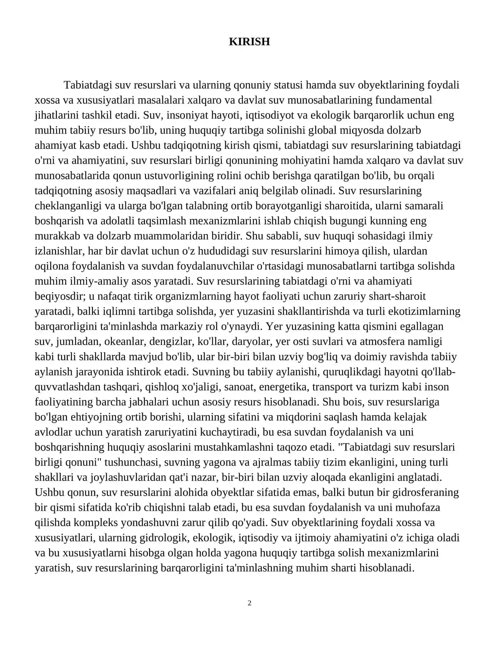 Tabiatdagi suv resurslari birligi qonuni. Suv obyektini foydali xossa va
xususiyatlari. 3