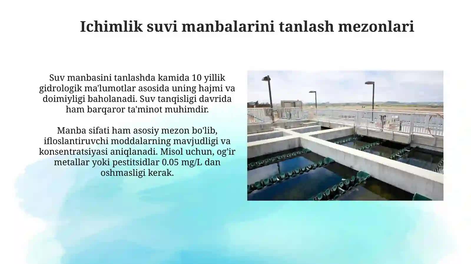 Ichimlik suvi manbai tanlash, suv kaogulyatsiyasi va xlorlash ustidan nazorat 4