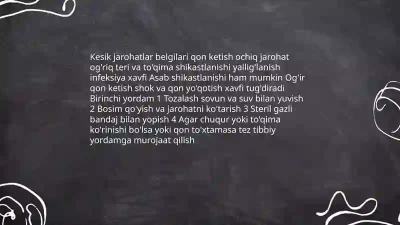 Jarohatlar xatestikasi va ularda birinchi tibbiy yordam koʻrsatish 4