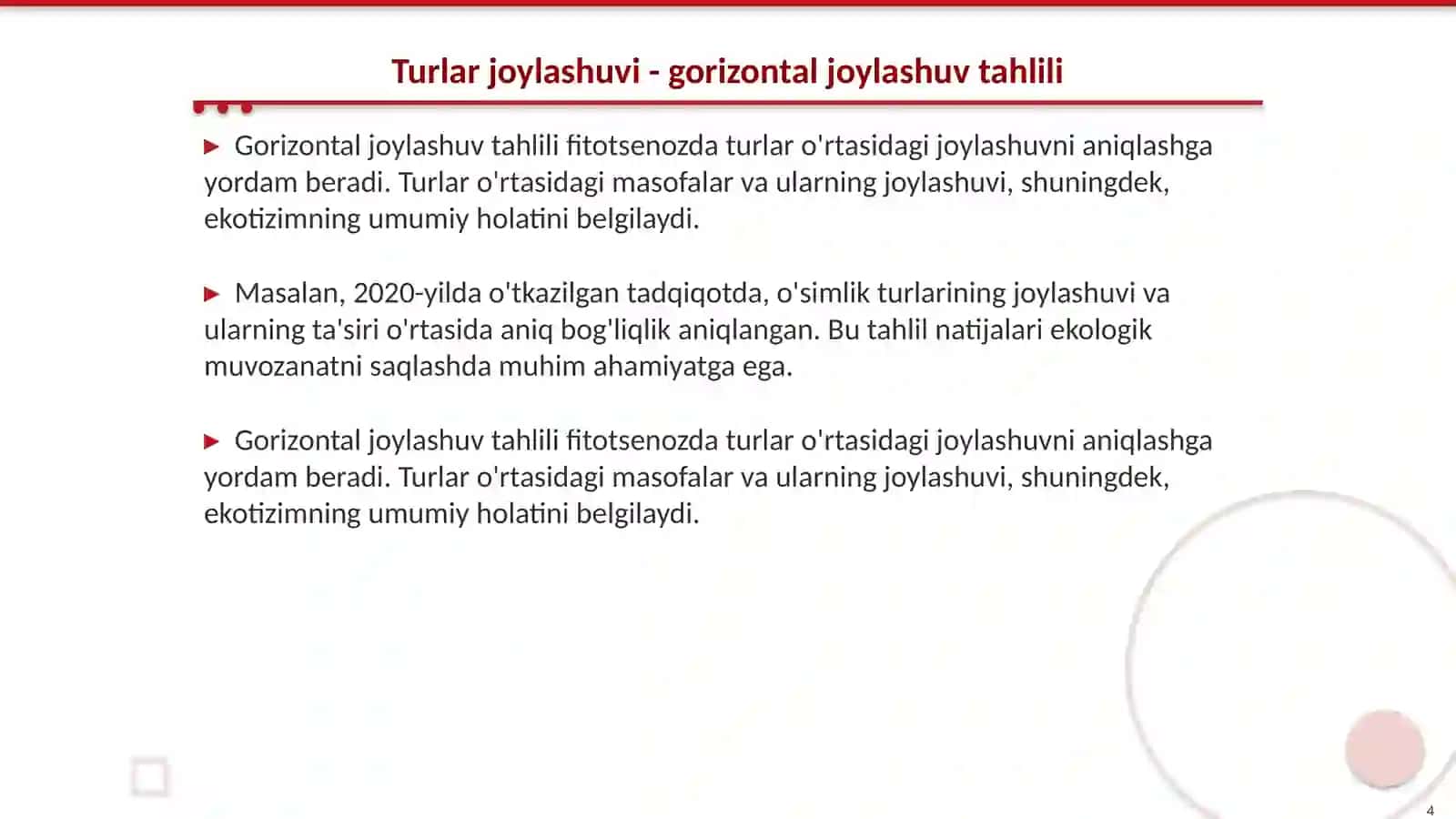 Fitotsenozda turlarning joylashuvi - gorizontal joylashuvini aniqlash 4