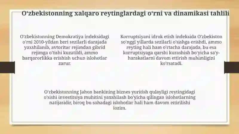 Siyosiy va Huquqiy Sohadagi Ustuvor Xalqaro Reytinglar va Ularga O'zbekistonning Integrallashuvi 4