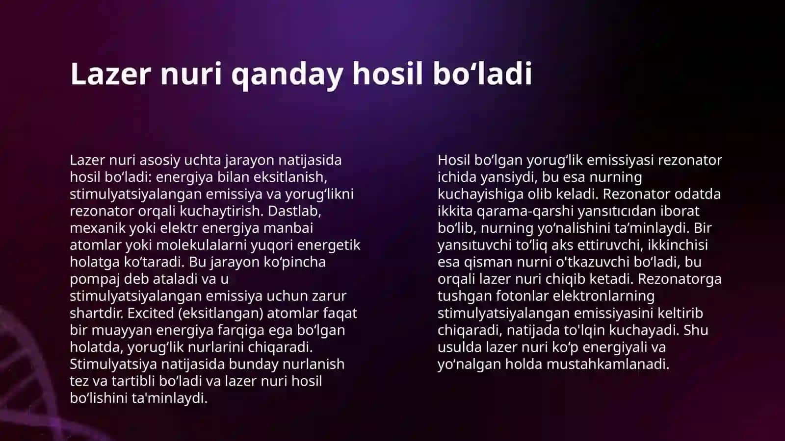 LAZERLAR. OKG VA UNING TURLARI. LAZER NURLANISH HOSSALARI VA TIBBIYOTDA QO’LLANILISH YO’NALISHLARI 4