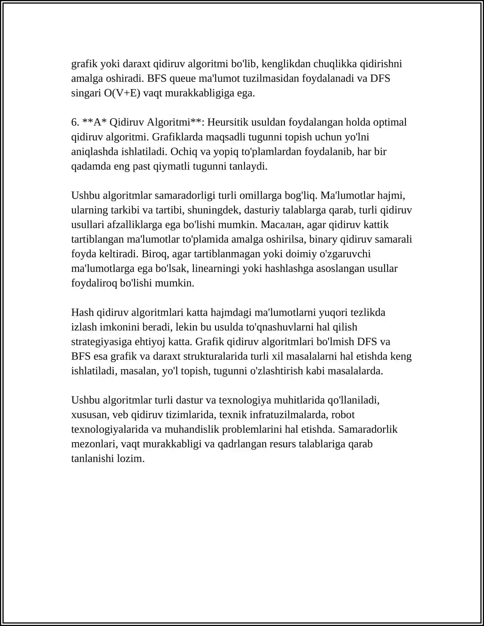 QIDIRISH USULLARI SAMARADORLIGI VA OPTIMALLASHTIRISH.MUSTAQIL ISH 4