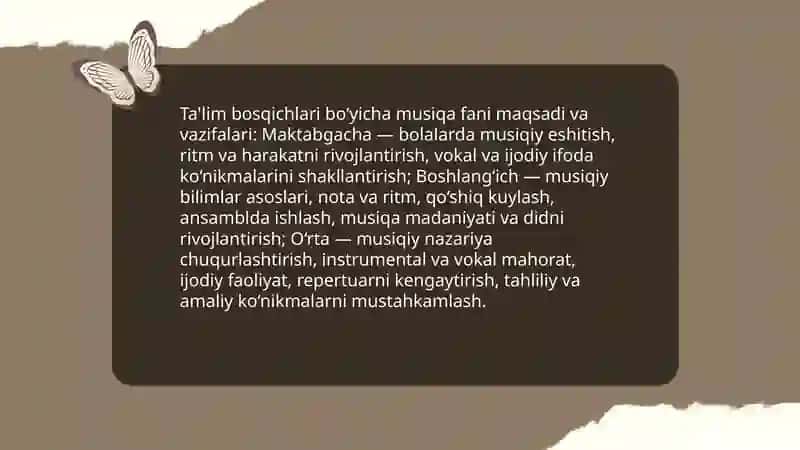 Musiqa oʻqitish metodikasi va maktab repertuarlari fani maqsad va vazifalari 4