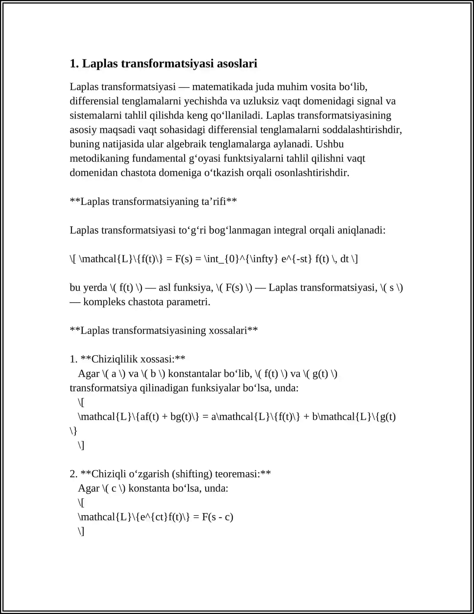 2-TARTIBLI DIFFERENSIAL TENGLAMA MASALASINI MATLABDA LAPLAS TRANSFORMATSIYASI YORDAMIDA YECHISH 4