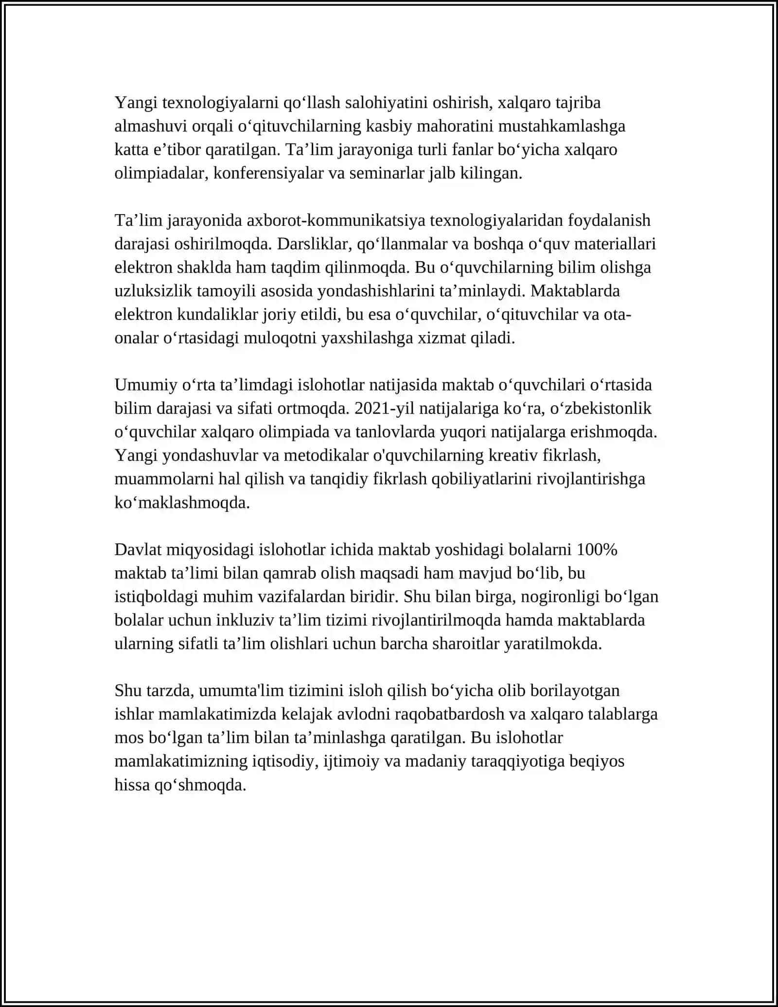 O‘ZBEKISTON RESPUBLIKASIDA TA’LIM SOHASIDA AMALGA OSHIRILGAN ISLOHOTLAR REFERAT 4