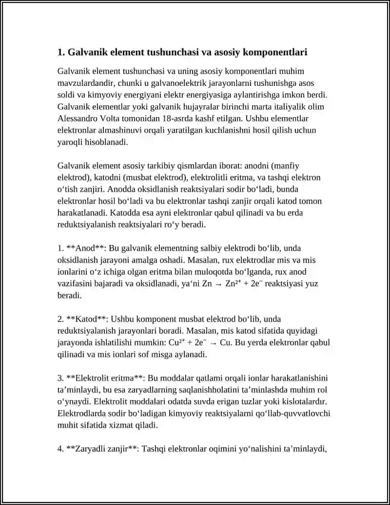 GALVANIK ELEMENT TUSHUNCHASI VODOROD VA METALLARNI STANDART ELEKTROD POTENSIALI. NERNST TENGLAMASI STANDART ELEKTROD POTENSIALAR QATORI EYUKNI HISOBLASH 4