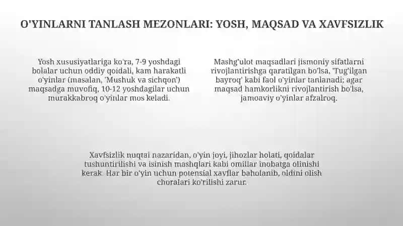 Milliy va harakatli o’yinlarni jismoniy tarbiya darsining asosiy qismiga mos holda tanlash 4