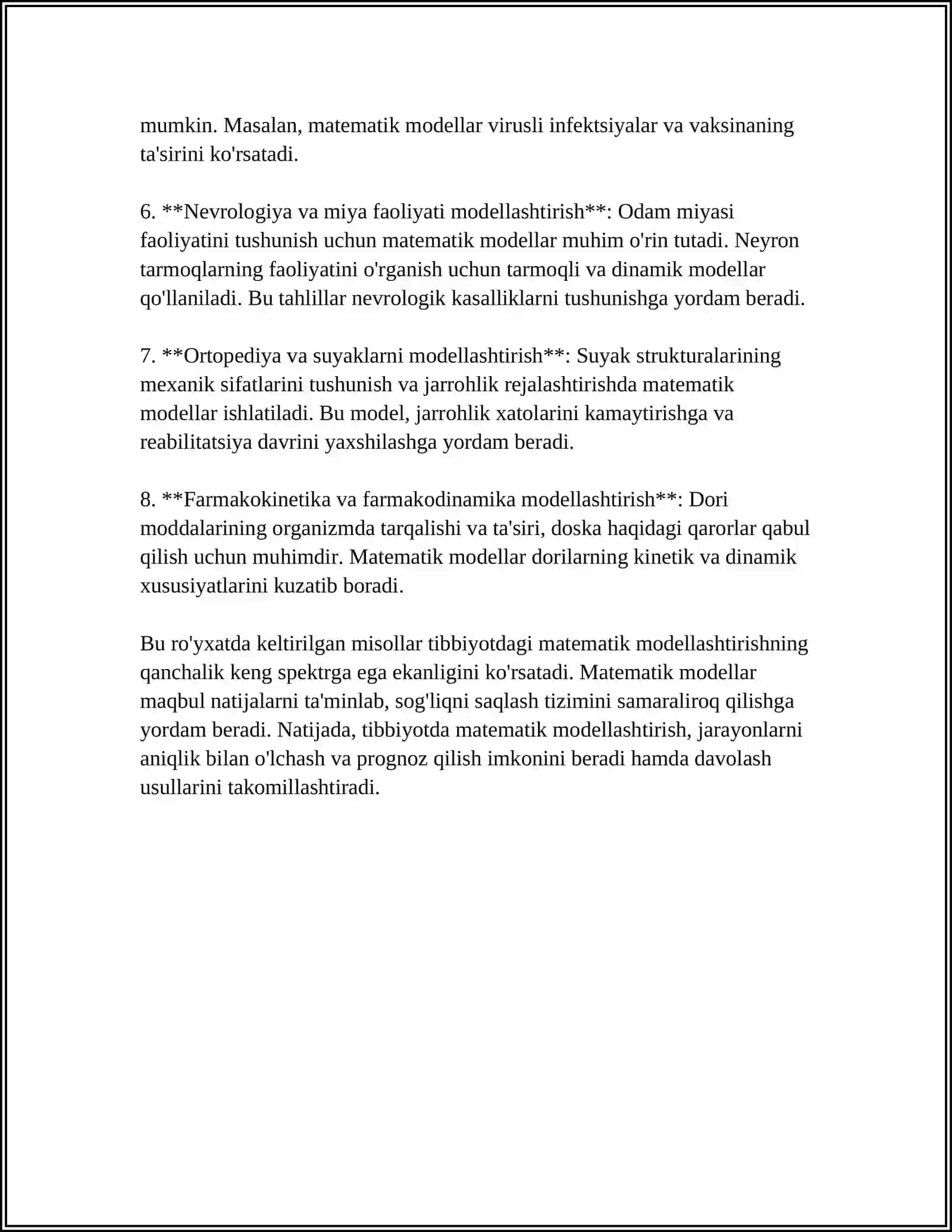 TIBBIYOTDA MATEMATIK MODELLASHTIRISH USUBLARINI OʻRGANISH. FIZIK VA MATEMATIK MODELLASHTIRISH, OLINGAN NATIJALAR ASOSIDA PROGNOZ QILISH 4