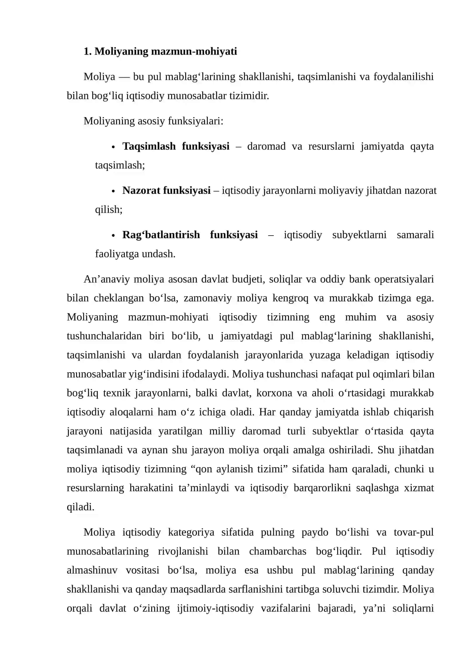 ZAMONAVIY MOLIYANING MAZMUN-MOHIYATI VA UNI O‘RGANISHNING OBYEKTIV ZARURLIGI 4