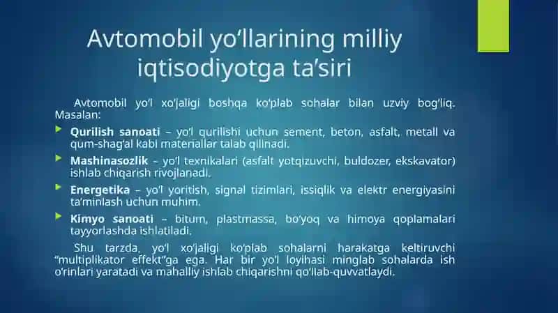 Avtomobil yo‘l xo‘jaligini iqtisodiyotda tutgan o‘rni 2 4