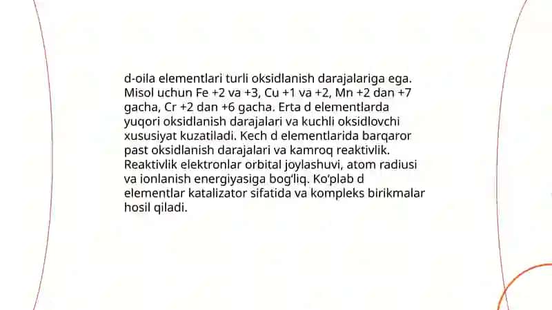 Elementlarning davriy sistemasidagi d oila elementlari va ularning ishlatilish sohalari 4