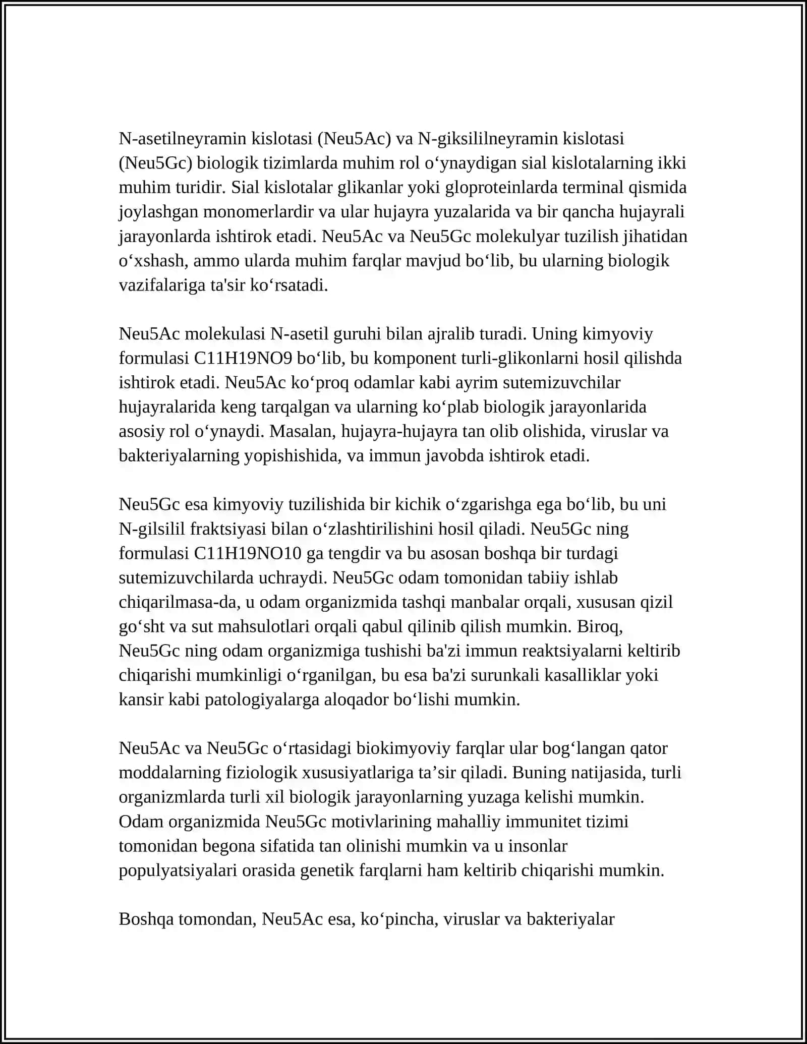 NEYRAMIN KISLOTA VA UNING HOSILALARINING TUZILISHI VA BIOLOGIK XOSSALARI. SIAL KISLOTALAR 4