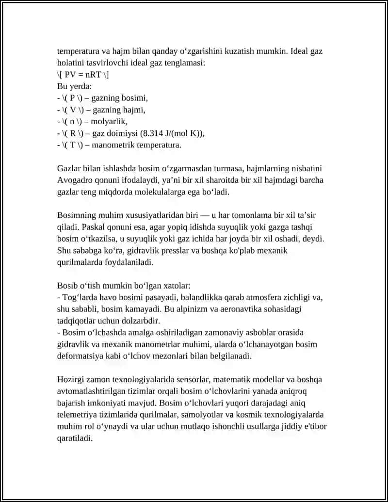 SUYUQLIK VA GAZLAR. BOSIM 4