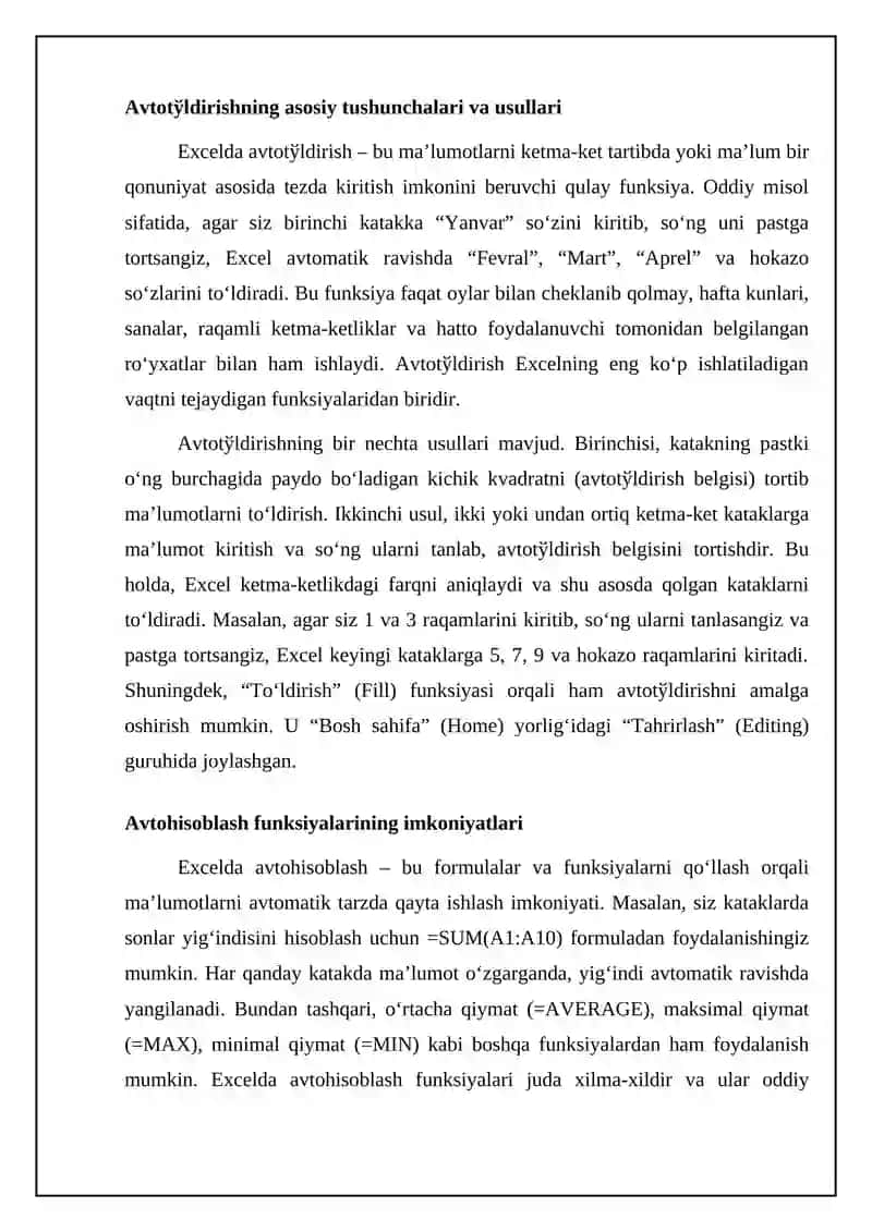 Excelda avtotўldirish va avtohisoblash 4