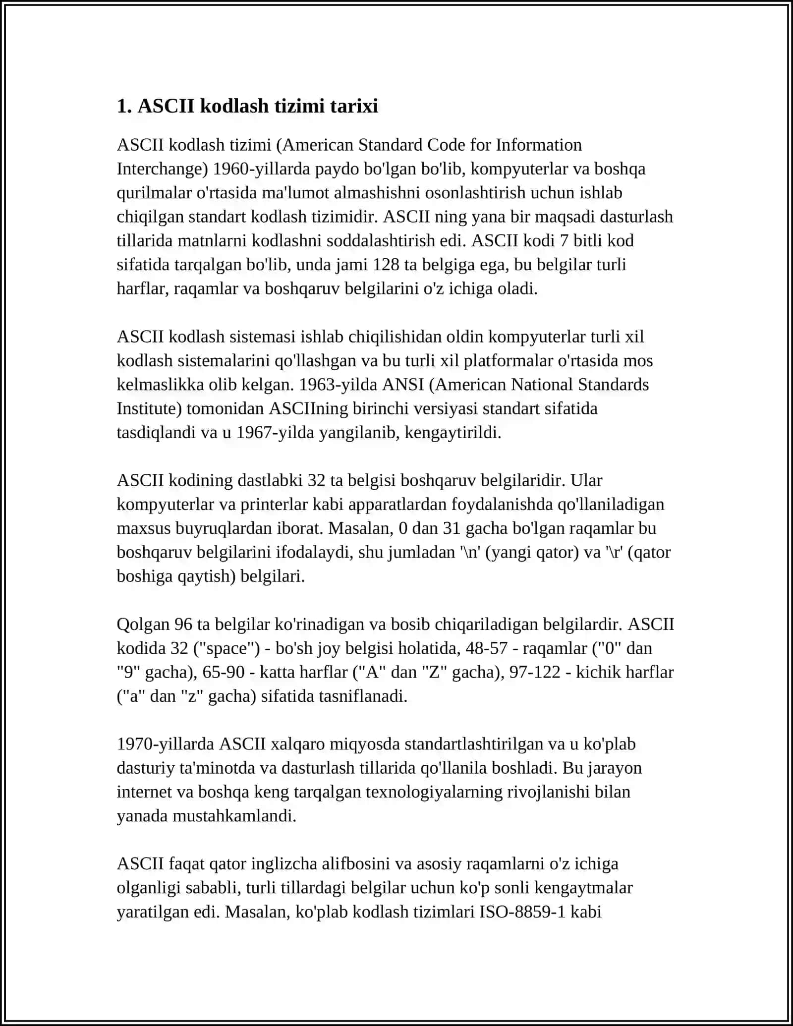 MATNLI AXBOROTLARNI KODLASH.ASCII VA UNICODE KODLASH TIZIMLARI 4
