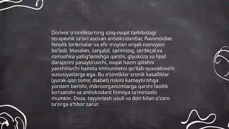 Oziq ovqatda ishlatiladigan dorivor oʻsimliklar 4