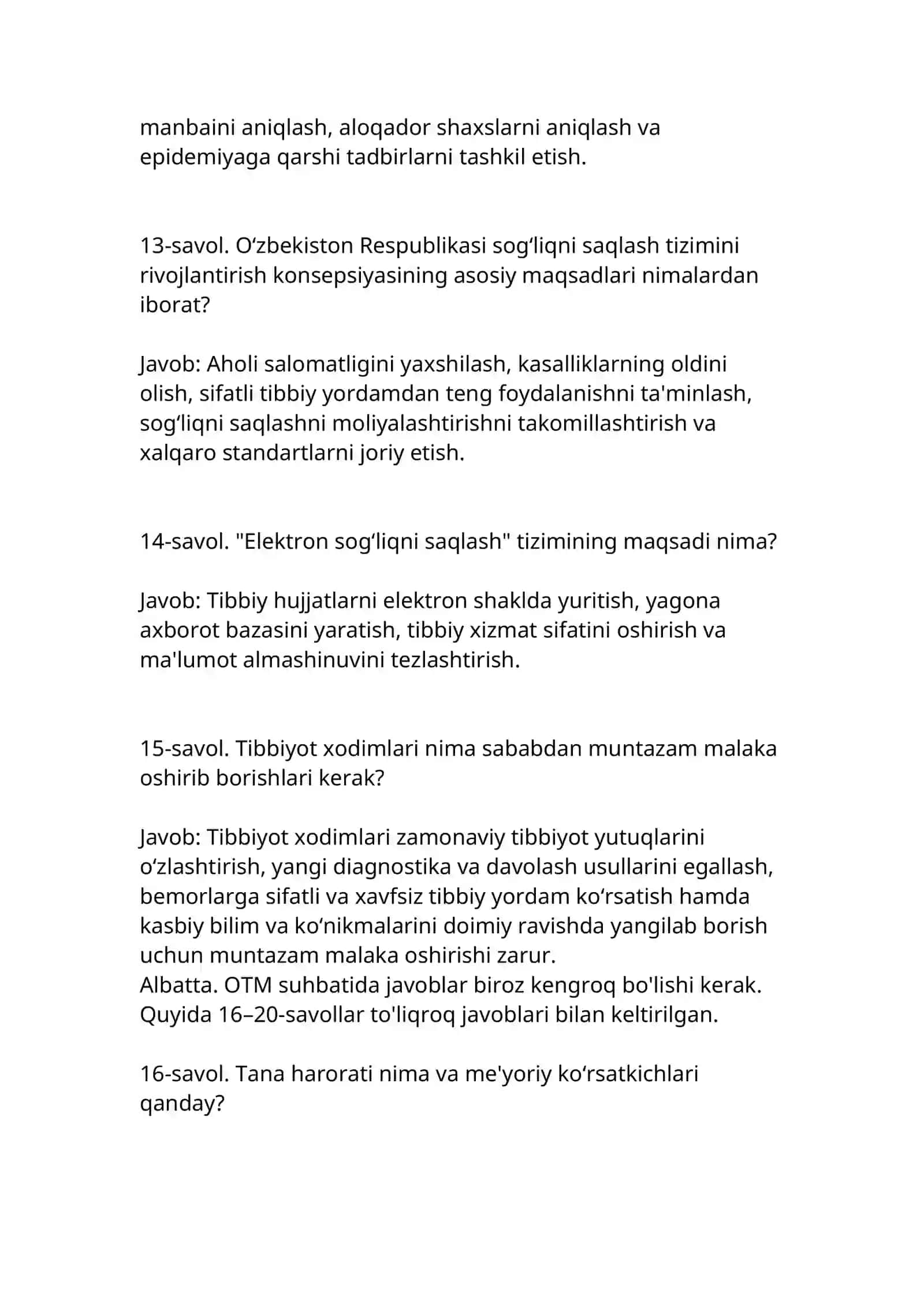 Tibbiyot Texnikumini Imtiyozli Tamomlagan Bitiruvchilar uchun Oliy Ta'lim Muassasalariga Kirish Suhbati Savollari va Mukammal Namunaviy Javoblar 4