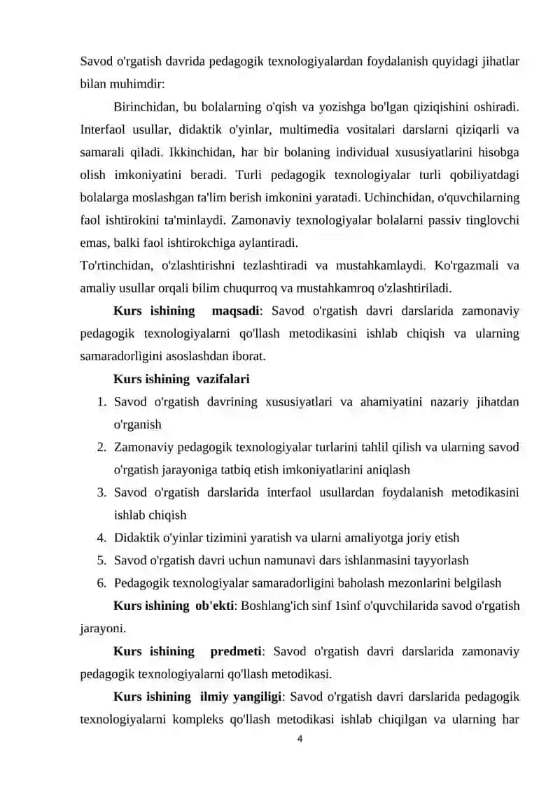 SAVOD O'RGATISH DAVRI DARSLARIDA PEDAGOGIK TEXNOLOGIYALARIDAN FOYDALANISH 4
