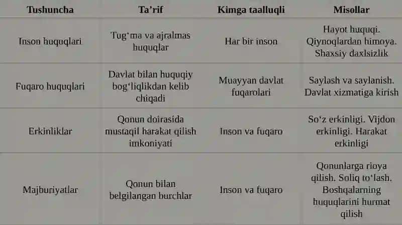 Inson huquqlari va fuqarolik huquqlari, erkinlik va majburiyattushunchalari 4