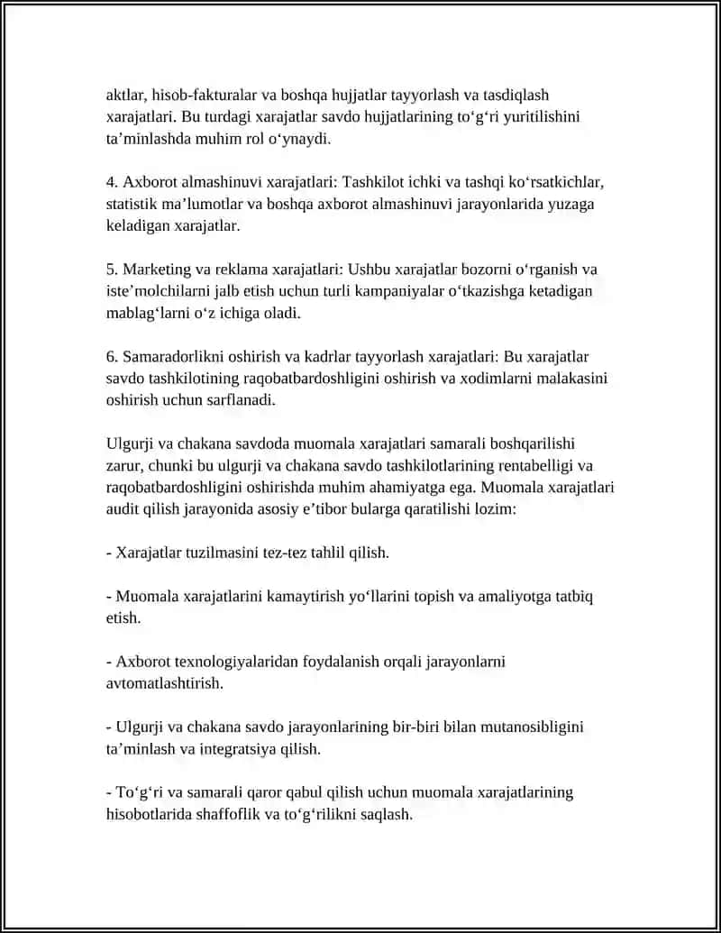 ULGURJI VA CHAKANA SAVDO TASHKILOTLARIDA MUOMALA XARAJATLARINI AUDIT QILISH 4