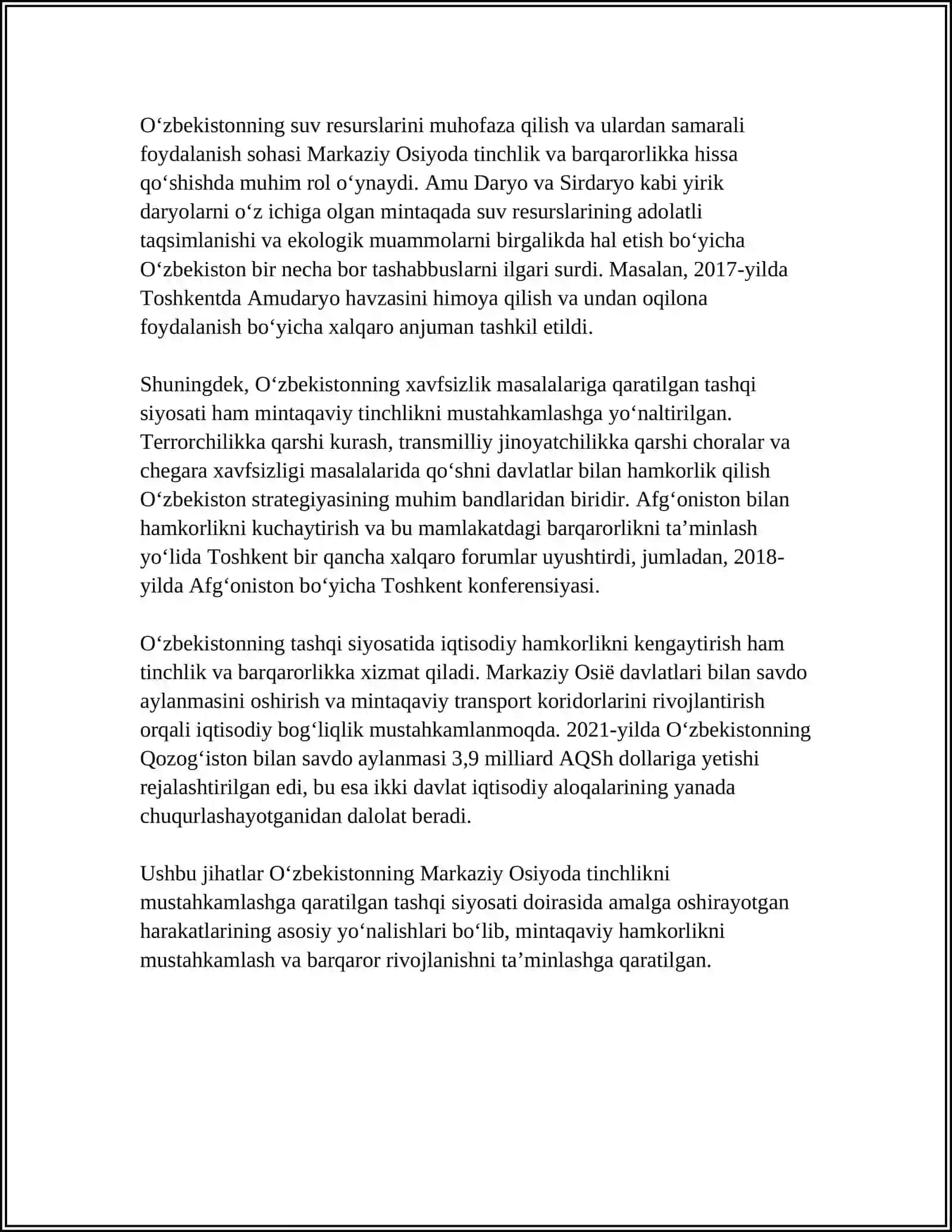 OʻZBEKISTONNING MARKAZIY OSIYODA TINCHLIK VA BARQARORLIKNI TAʼMINLASHDAGI OʻRNI 4