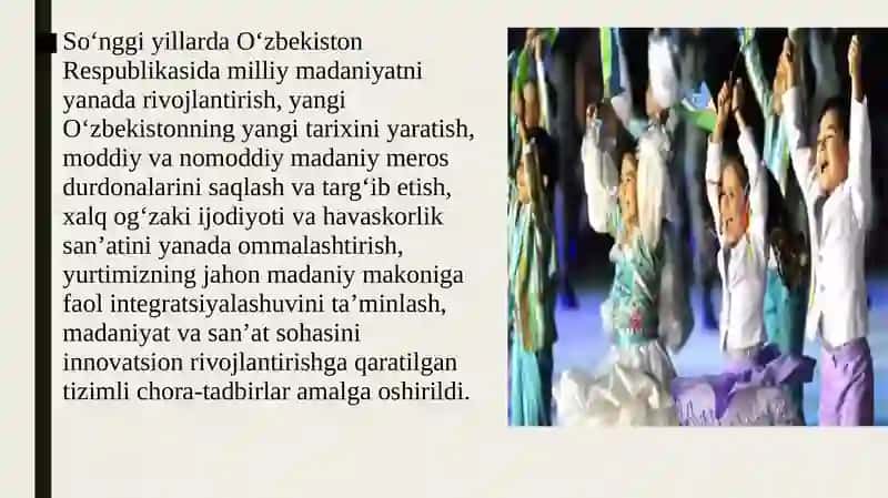 Taqdimotlar: O’zbekiston Respublikasi Madaniyat vazirligi markaziy apparati tuzilmasi hamda tashkiliy-huquqiy shakllari 4