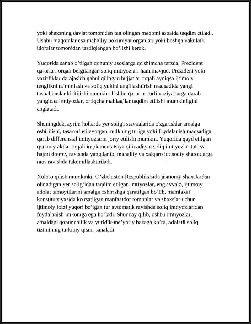JISMONIY SHAXSLARDAN OLINADIGON YER SOLIG’DAN TAQTIM ETILGAN SOLIQ IMTIYOZLARI 4