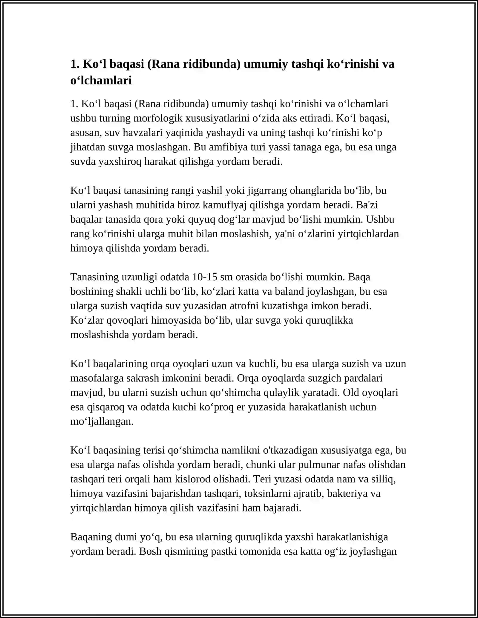 SUVDA HAMDA QURUQLIKDA YASHOVCHILAR (AMPHIBIA) SINFI.KOʻL BAQASINING( RANA RIDUBUNDA) TASHQI TUZULISHI SKLETI VA ICHKI TUZILISHI 4