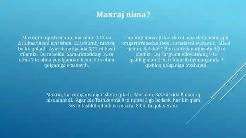 Umumiy maxrajli kasrlarni ayirish 4