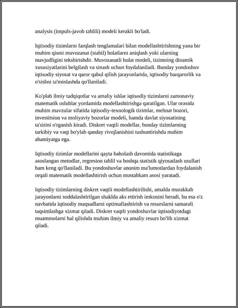 SOHADAGI IQTISODIY TIZIMLARNI IFODALOVCHI MUJANDOSLIK MASALALARINI YECHISH 4