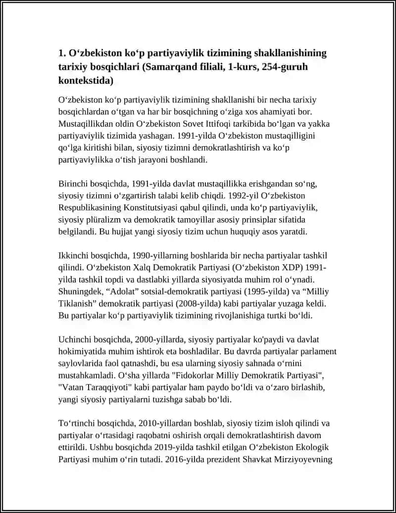 SAMARQAND VILOYATI TOSHKENT KIMYO XALQARO UNVERSITETI SAMARQAND FILYALI 1-KURS BOSHLANGʻICH TAʼLIM 254-GURUH TOGʻAYMUROTOVA NAVRUZA OʻZBEKISTON KOʻP PARTIYAVIYLIK TIZIMINING SHAKLLANISHI UNING AHAMIYATI 4