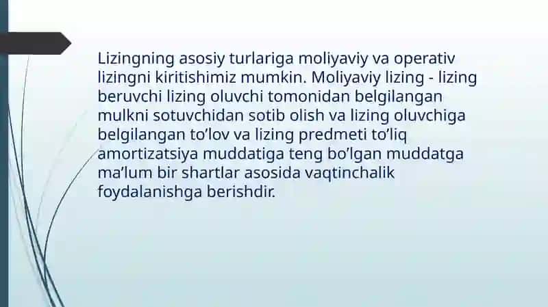 Investitsiyalarni moliyalashtirishning lizing mexanizmi 4