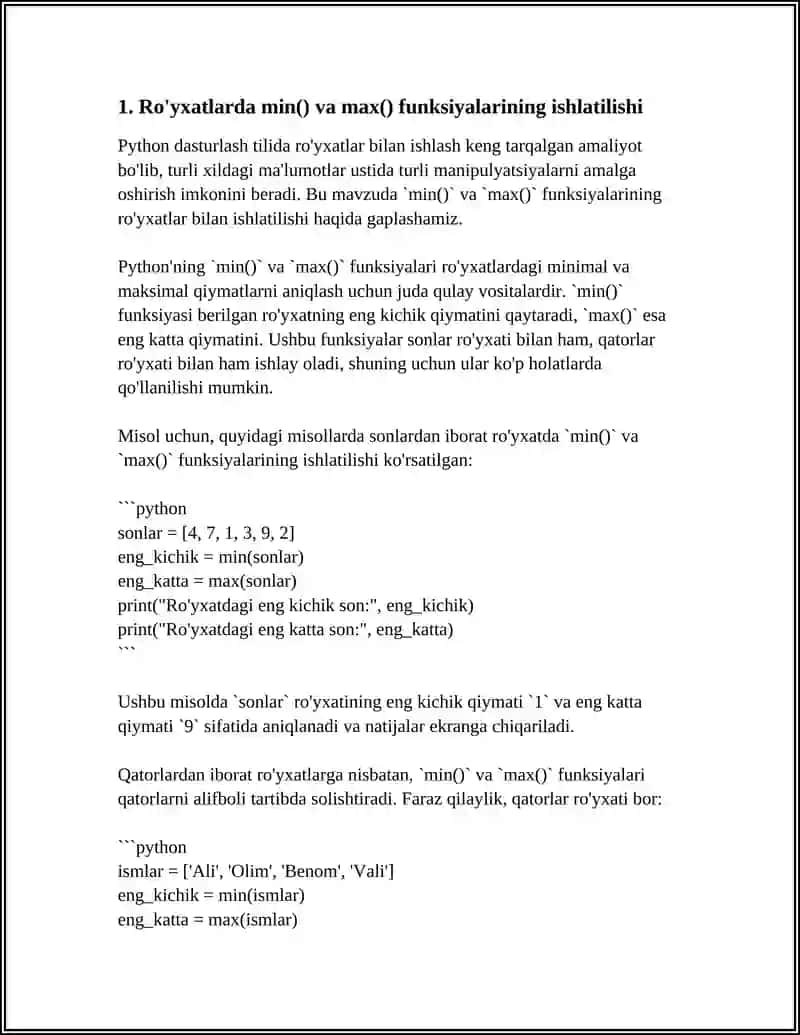 PYTHON’DAGI RO‘YXATLAR BILAN ISHLASH (MINIMUM, MAKSIMUM, O‘RTACHA QIYMAT TOPISH) 4